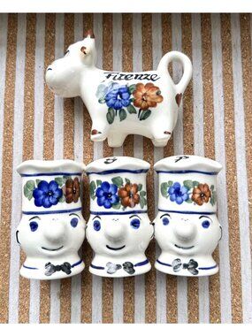 Vintage Italian Pottery Set Firenze Cow Creamer Salt Pepper Shakers Hand Painted